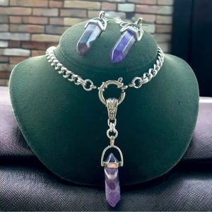 SET ! Genuine amethyst bullet necklace + earrings stainless steel chain necklace